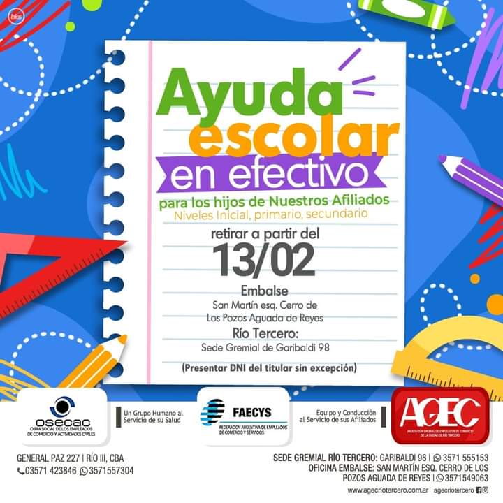 EL LUNES AGEC COMIENZA A ENTREGAR LA AYUDA ESCOLAR A SUS AFILIADOS