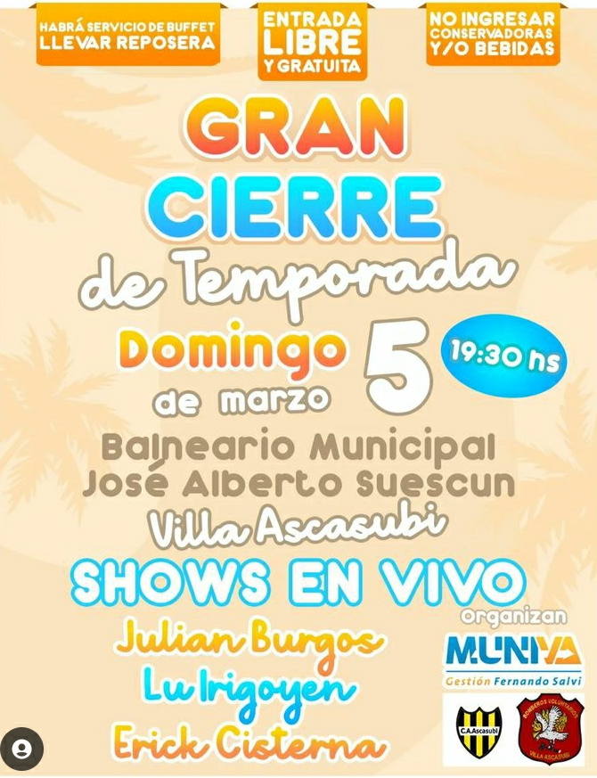 CIERRE DE TEMPORADA EN EL BALNEARIO DE VILLA ASCASUBI EL PR&Oacute;XIMO 5 DE MARZO