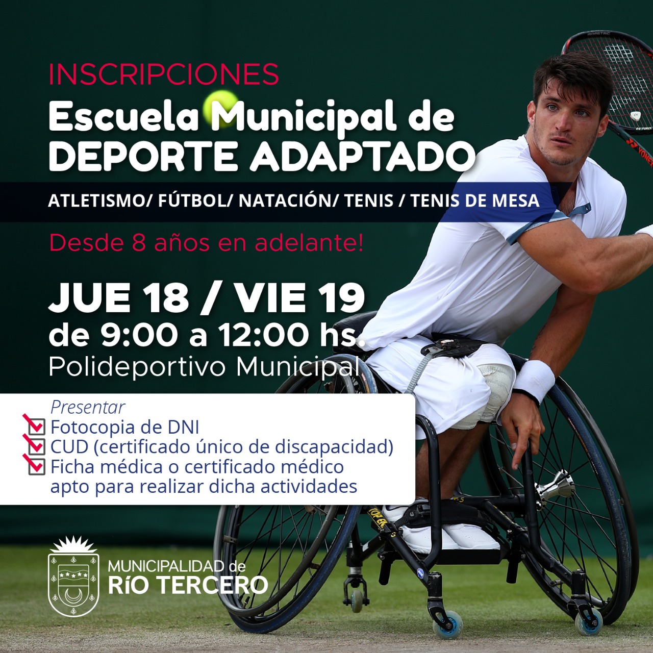Este jueves y viernes se realizan las Inscripciones para la escuela municipal de deporte adaptado