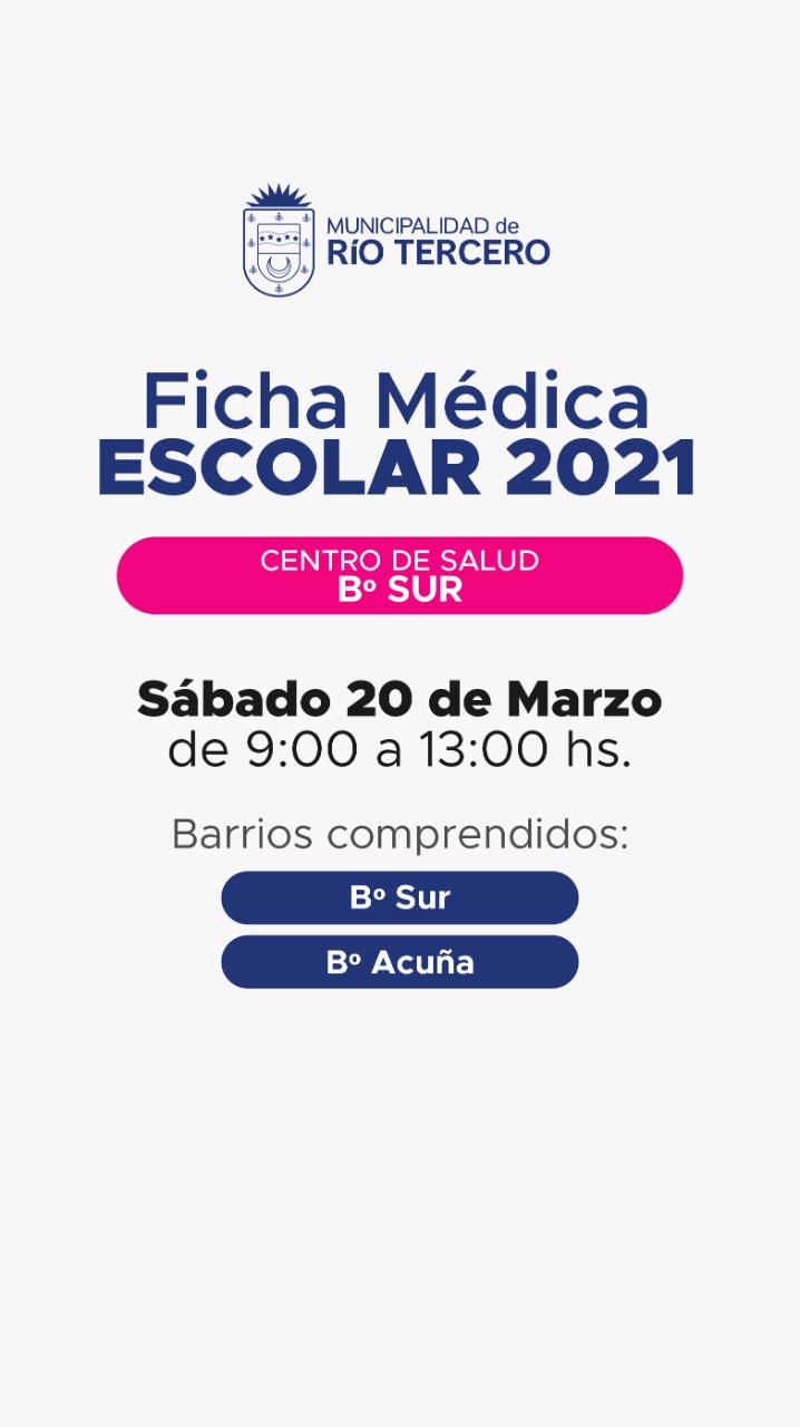 CONTROL DE SALUD Y FICHAS M&Eacute;DICAS ESCOLARES EST&Eacute; S&Aacute;BADO 20 EN BARRIO SUR