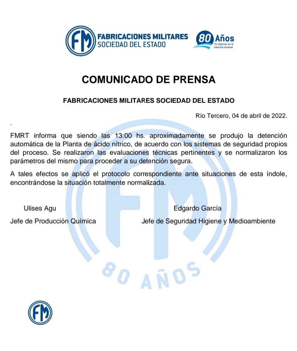 COMUNICADO DE PRENSA FABRICACIONES MILITARES SOCIEDAD DEL ESTADO