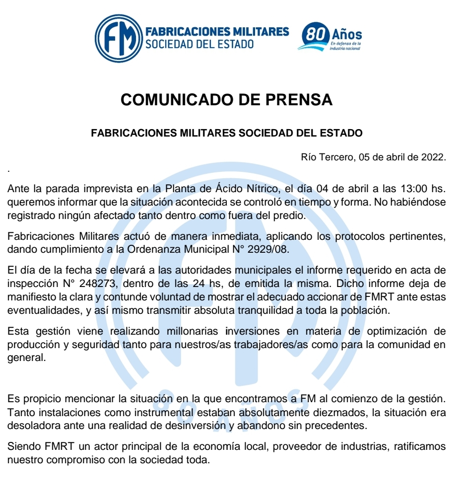 Parte de Prensa de FMRT por la parada imprevista en la Planta de &Aacute;cido N&iacute;trico