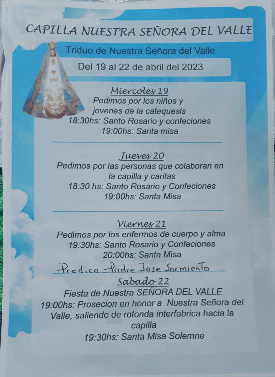 COMIENZA MA&Ntilde;ANA EL TRIDUO DE NUESTRA SE&Ntilde;ORA DEL VALLE EN BARRIO MONTE GRANDE