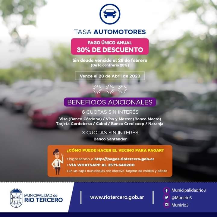 HOY ES EL &Uacute;LTIMO D&Iacute;A PARA PAGAR LAS TASAS ANUALES MUNICIPALES A LA PROPIEDAD Y  AUTOMOTOR. 