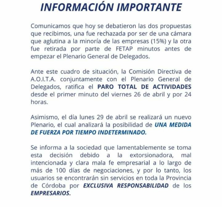 Transporte interurbano: AOITA anunció un paro de 24 horas para este viernes