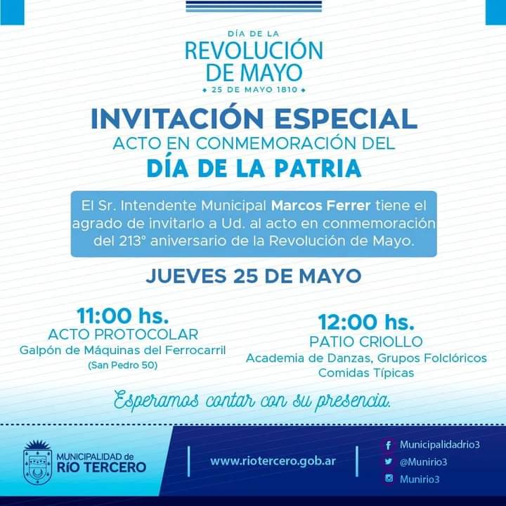 EL INTENDENTE MARCOS FERRER INVITA AL ACTO PROTOCOLAR DEL 25 DE MAYO