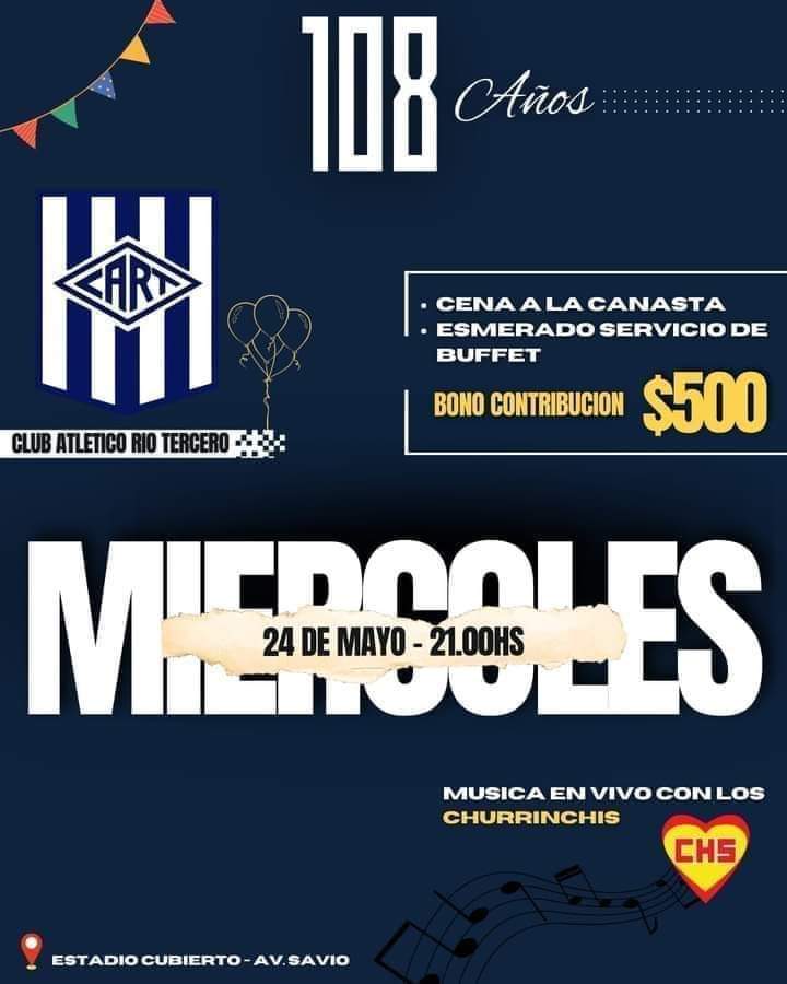  CLUB ATL&Eacute;TICO R&Iacute;O TERCERO FESTEJA HOY SU 108 ANIVERSARIO 
