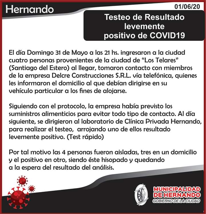 POSITIVO EN TEST R&Aacute;PIDO DE COVID-19 EN HERNANDO, DE CONFIRMARSE EL HISOPADO SER&Iacute;A EL PRIMER CASO EN EL DEPARTAMENTO 
