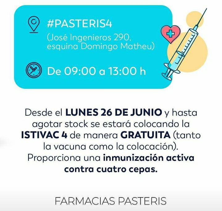 DESDE EL LUNES 26 EN FARMACIA PASTERIS 4 ESTAR�N VACUNANDO DE FORMA GRATUITA