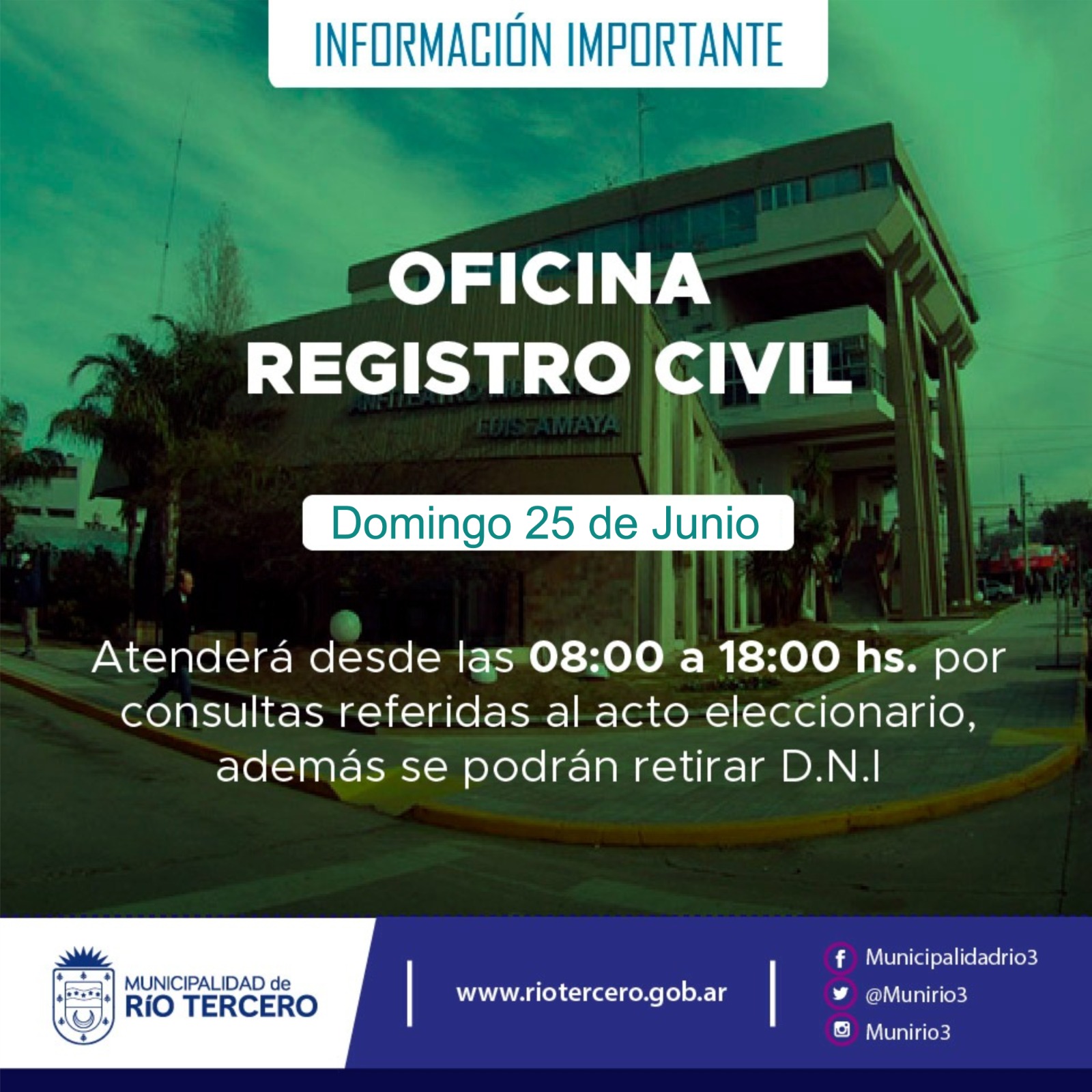 EL DOMINGO LA OFINA DEL REGISTRO CIVIL ATENDER&Aacute; DE 8 A 18 HORAS 