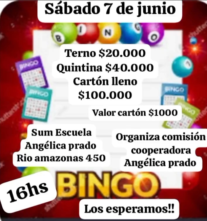 Bingo en la Escuela Angélica Prado este sábado 7 de junio
