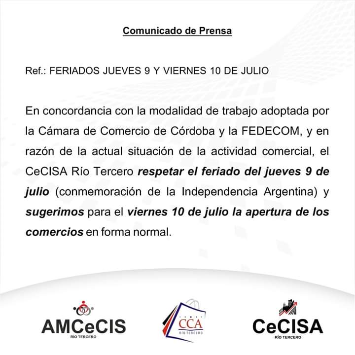 Nos comunicamos con Gabriel Prieto (Presidente del CECISA) &ldquo;hemos decidido no trabajar el jueves feriado 9 de julio y trabajar normalmente el viernes 10 de julio&rdquo;