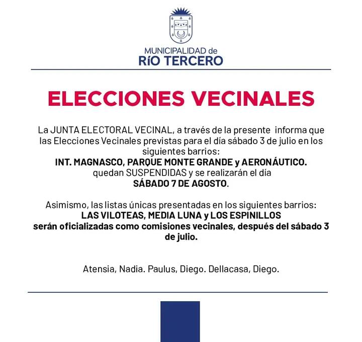 ELECCIONES VECINALES EN R&Iacute;O TERCERO QUEDAN SUSPENDIDAS 