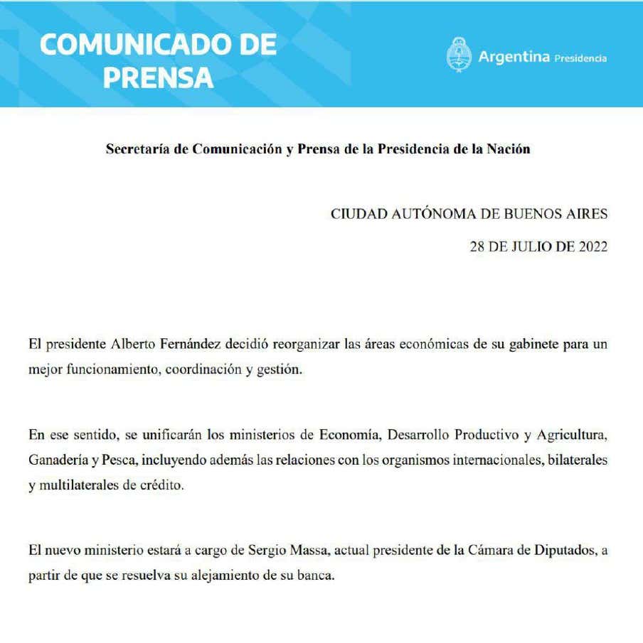 CAMBIOS EN EL GABINETE: MASSA ASUMIR&Aacute; COMO TITULAR DE UN MINISTERIO ECON&Oacute;MICO UNIFICADO
