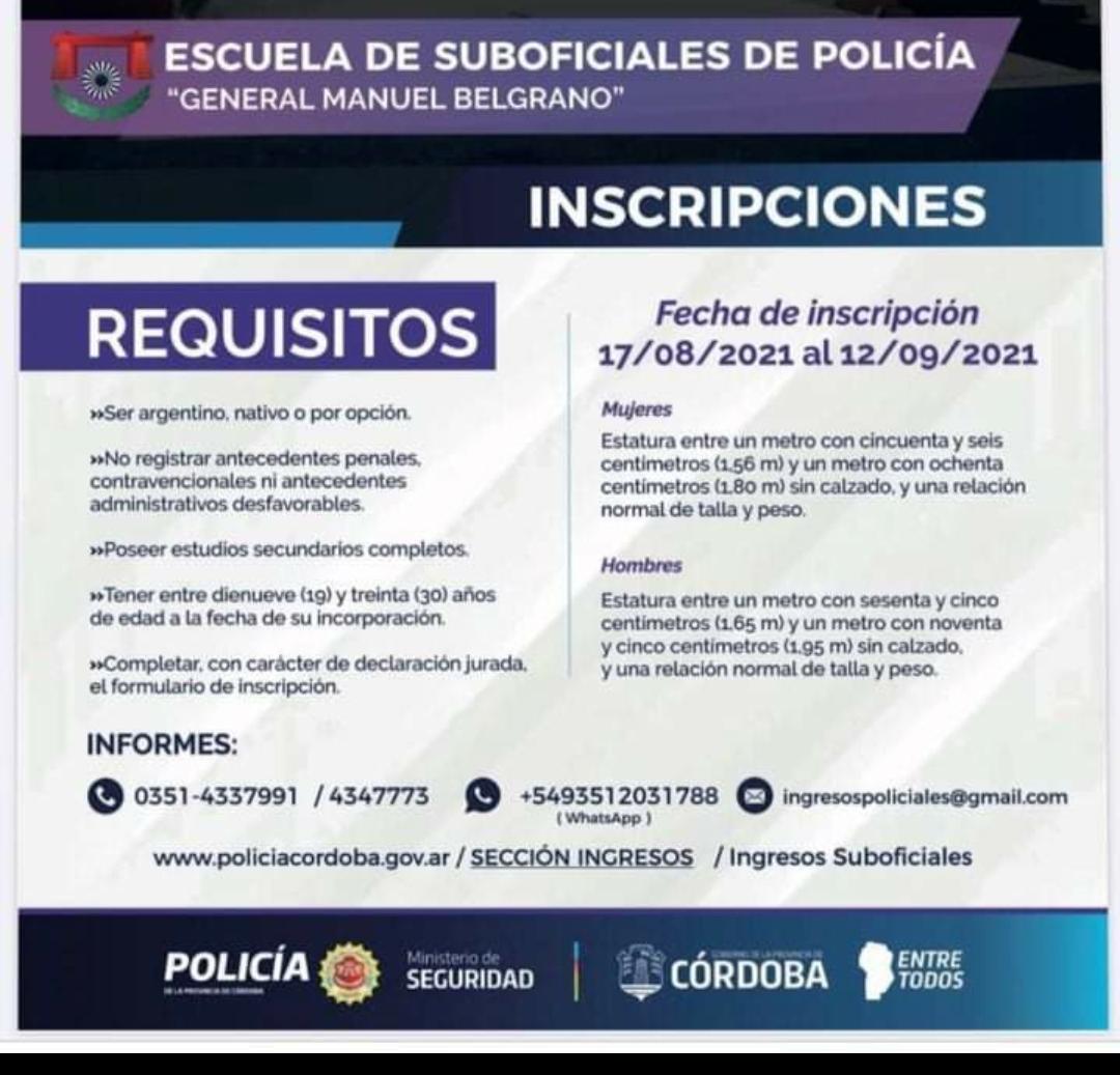 SE ENCUENTRAN ABIERTAS LAS INSCRIPCIONES PARA LA ESCUELA DE SUBOFICIALES Y AGENTES