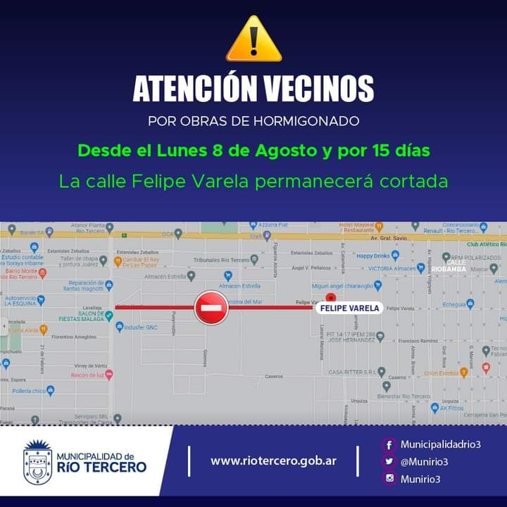 LA MUNICIPALIDAD INFORMA QUE LA CALLE FELIPE VARELA PERMANECER&Aacute; CERRADA 