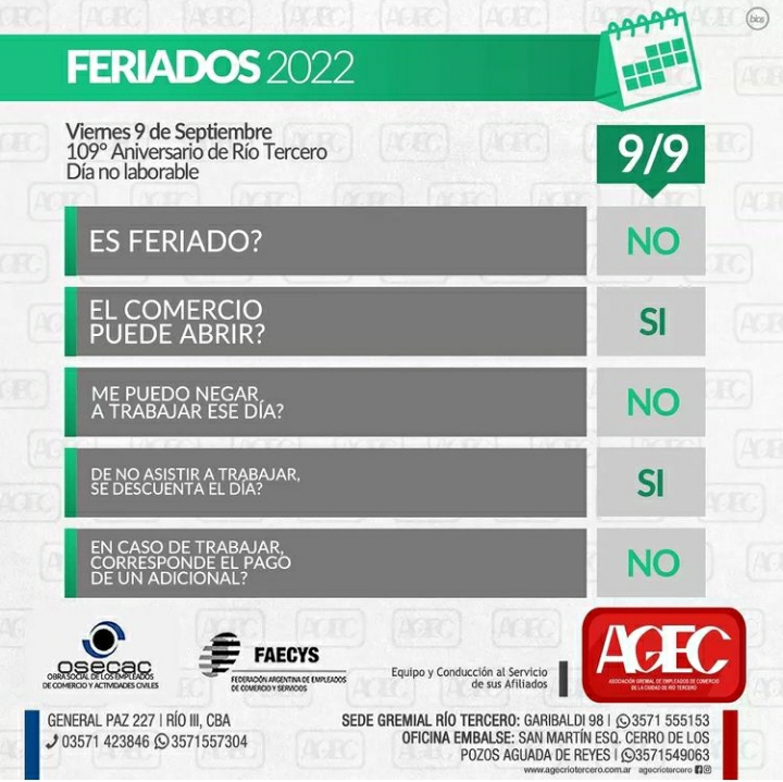 NO ES FERIADO ES UN D&Iacute;A NO LABORABLE EL PR&Oacute;XIMO 9 DE SEPTIEMBRE