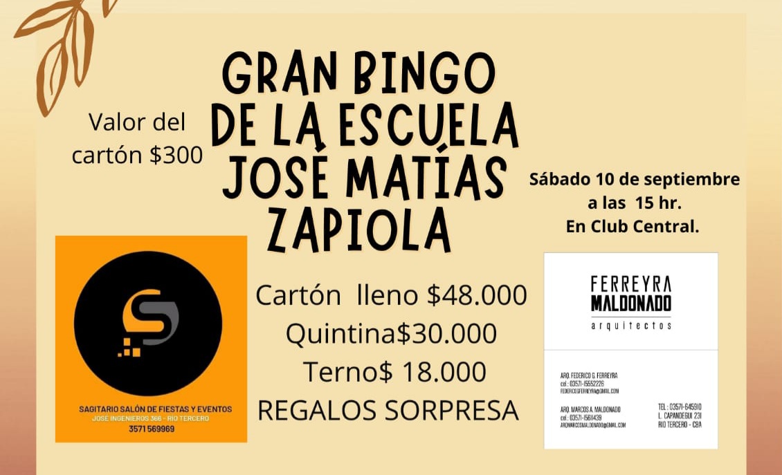 EL S&Aacute;BADO SE VIENE EL BINGO DE LA ESCUELA MAT&Iacute;AS ZAPIOLA