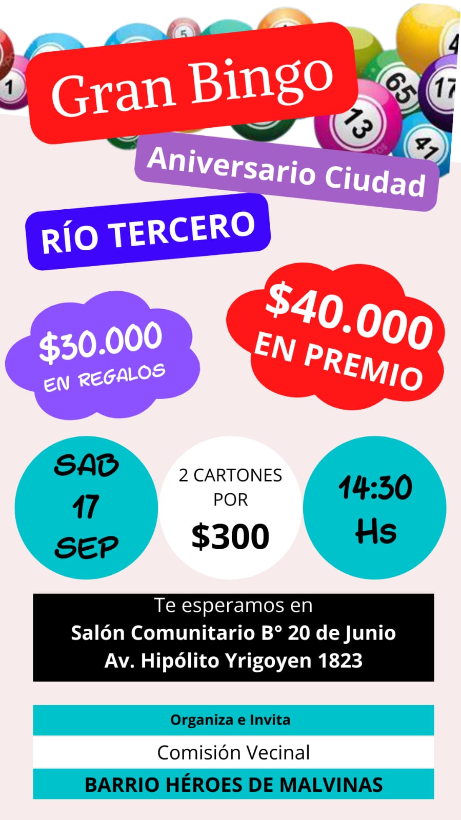 BARRIO H&Eacute;ROES DE MALVINAS REALIZA UN BINGO  ESTE S&Aacute;BADO PARA RECAUDAR FONDOS PARA SU SAL&Oacute;N