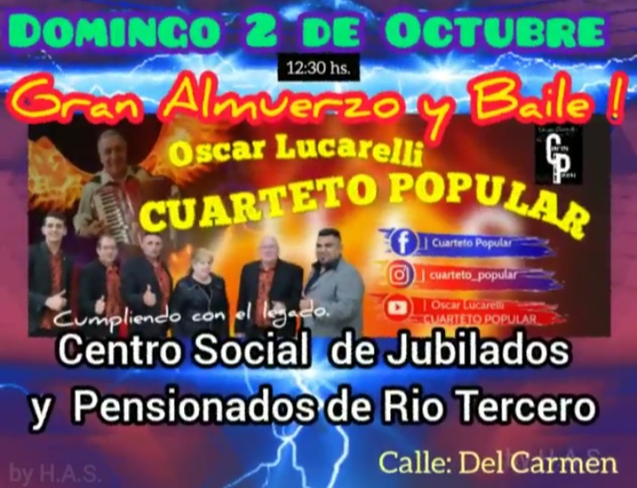 ESPACIO DEL CIRCULO DE JUBILADOS Y PENSIONADOS R&Iacute;O TERCERO JUEVES 29 DE SEPTIEMBRE: DOMINGO GRAN ALMUERZO Y BAILE 