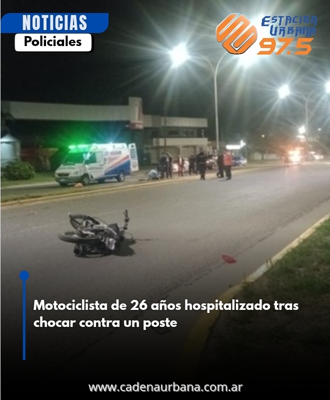Motociclista de 26 años hospitalizado tras chocar contra un poste