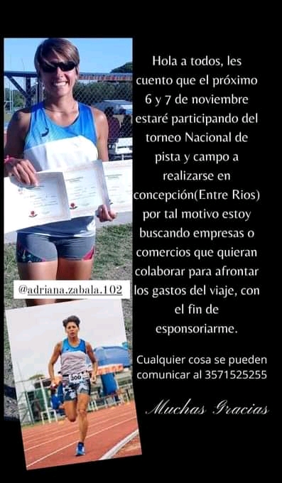 ADRIANA ZABALA ATLETA RIOTERCERENSE NECESITA DE NUESTRA AYUDA PARA PODER COMPETIR EN ENTRE R&Iacute;OS 