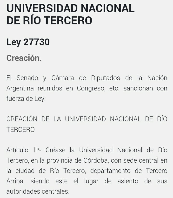 ES LEY LA CREACI&Oacute;N DE LA UNIVERSIDAD NACIONAL DE R&Iacute;O TERCERO