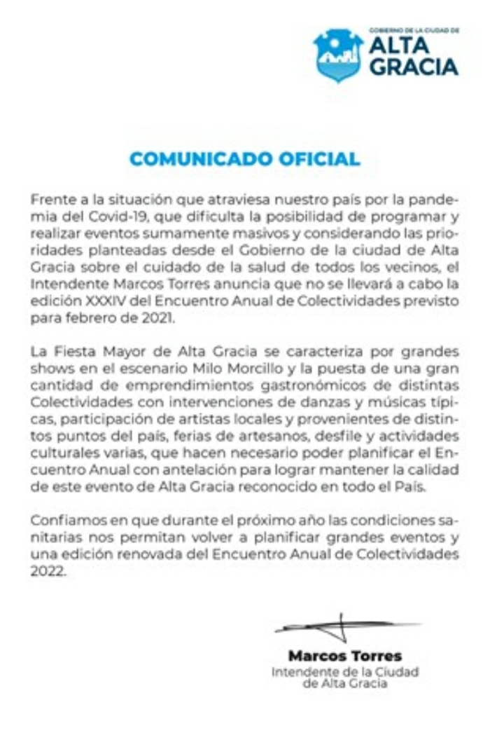 Se suspende el Encuentro Anual de Colectividades en Alta Gracia