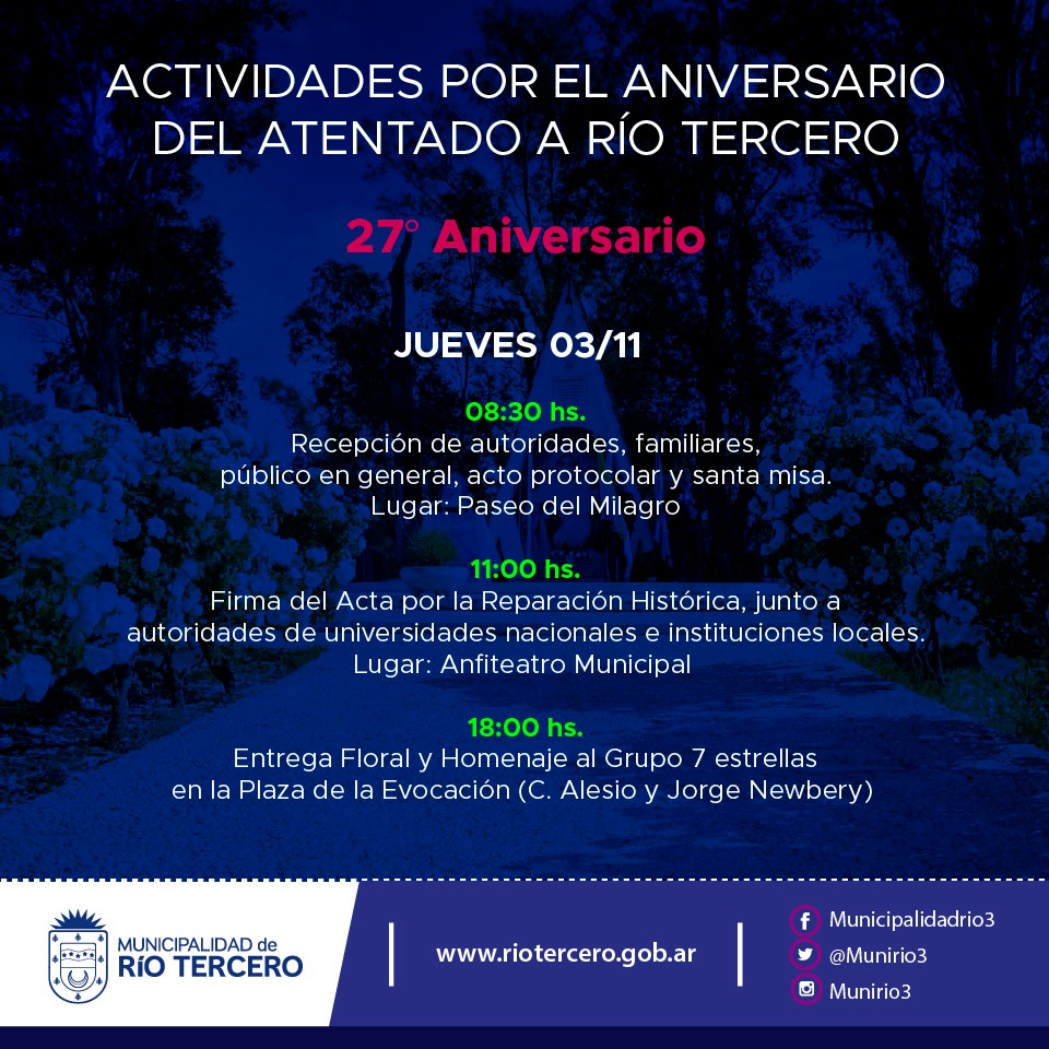 ACTIVIDADES POR EL 27&ordm; ANIVERSARIO DEL ATENTADO A R&Iacute;O TERCERO