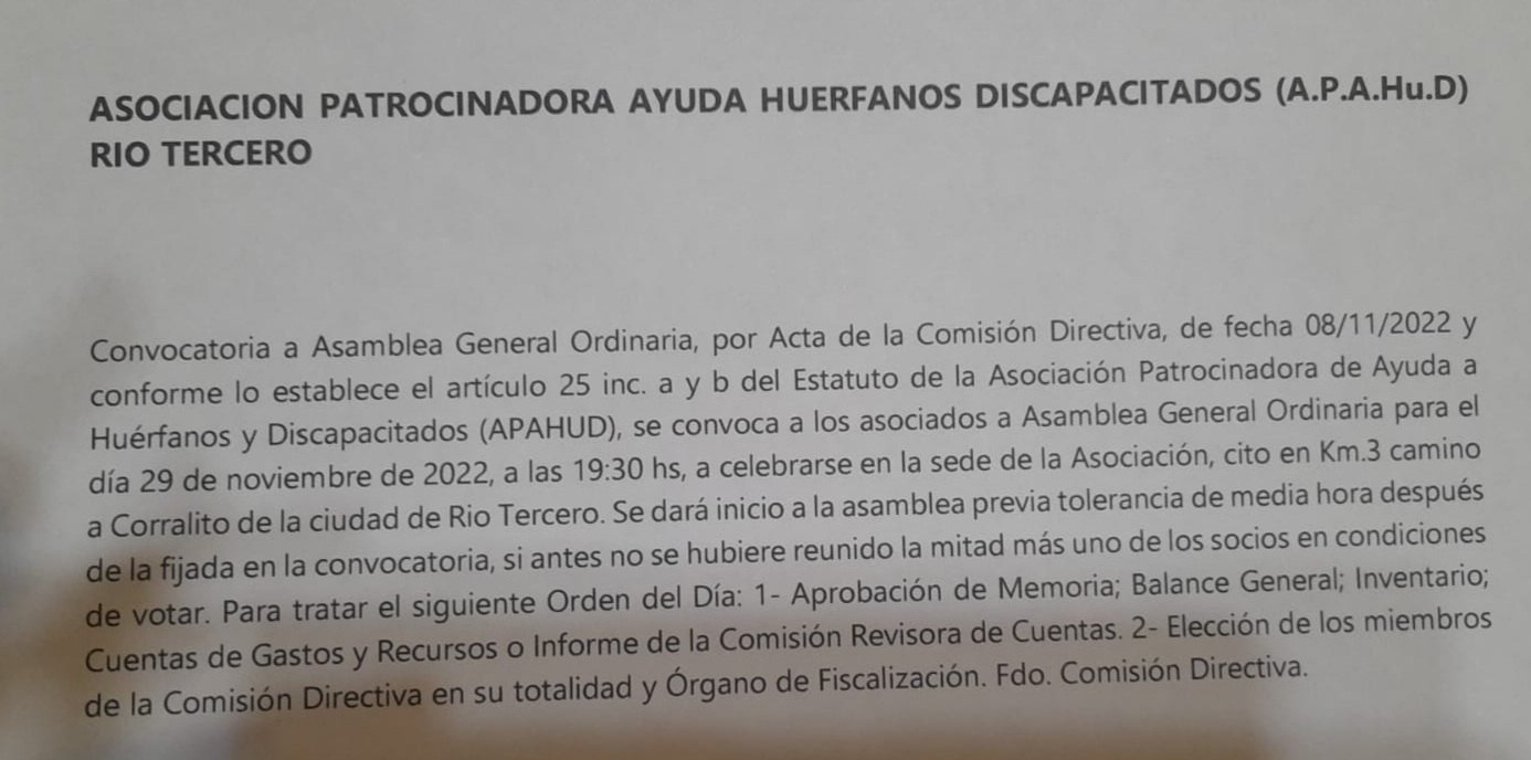APAHUD: EL 29 HABR&Aacute; ASAMBLEA, PRESENTACI&Oacute;N DE BALANCE Y LLAMADO A ELECCIONES