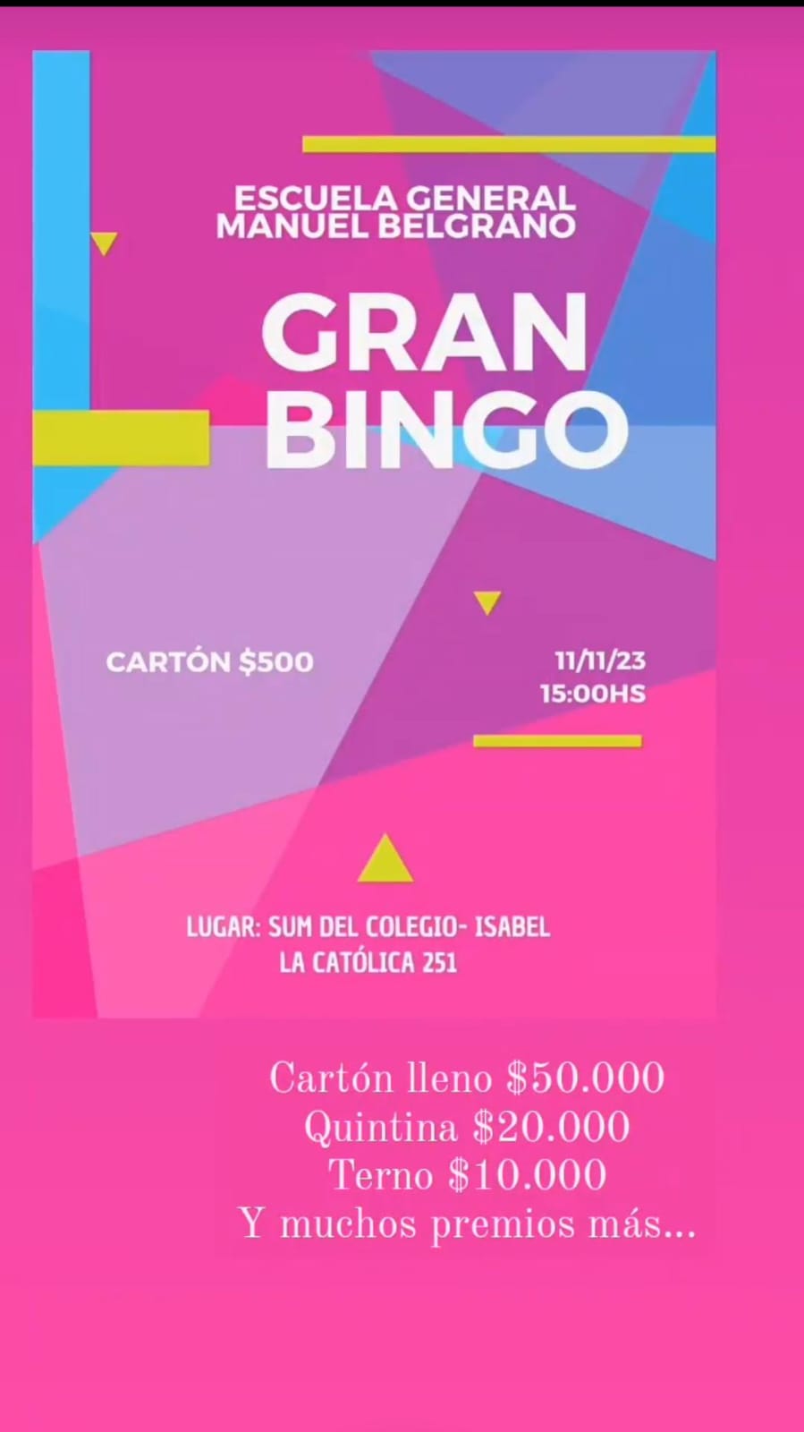 GRAN BINGO ESTE S&Aacute;BADO A BENEFICIO DE LA ESCUELA MANUEL BELGRANO