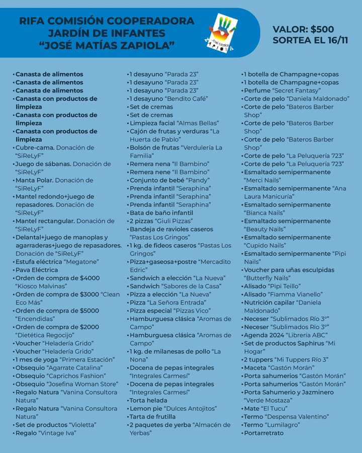 GRAN RIFA A BENEFICIO DEL JARD&Iacute;N DE INFANTES DE LA ESCUELA ZAPIOLA