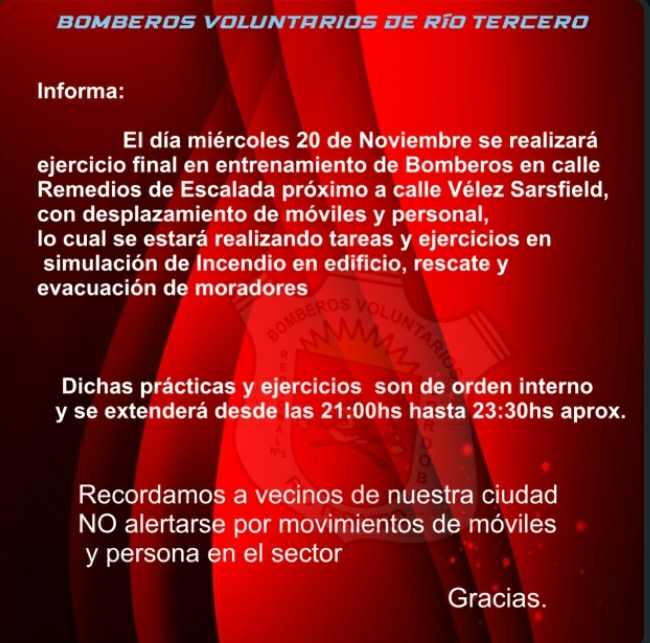 Bomberos informan que hoy estarán realizando tareas y ejercicios en simulación de Incendio