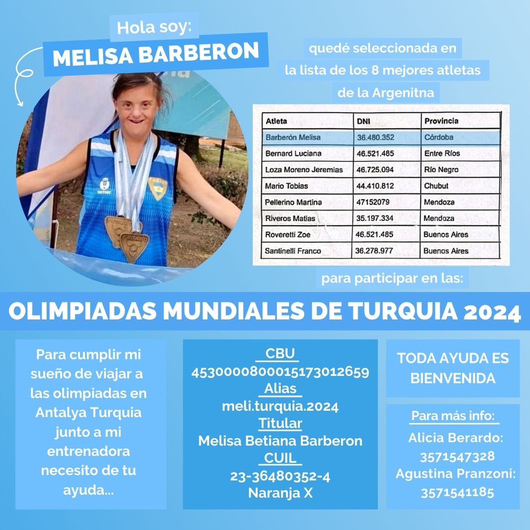 LANZAN CAMPA&Ntilde;A SOLIDARIA PARA QUE MELISA BARBER&Oacute;N PUEDA VIAJAR A LAS OLIMPIADAS DE TURQU&Iacute;A